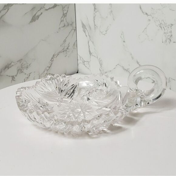 VINTAGE LEAD CRYSTAL Cut Glass Handled Nappy/Candy Dish Candle Plate - Picture 1 of 7